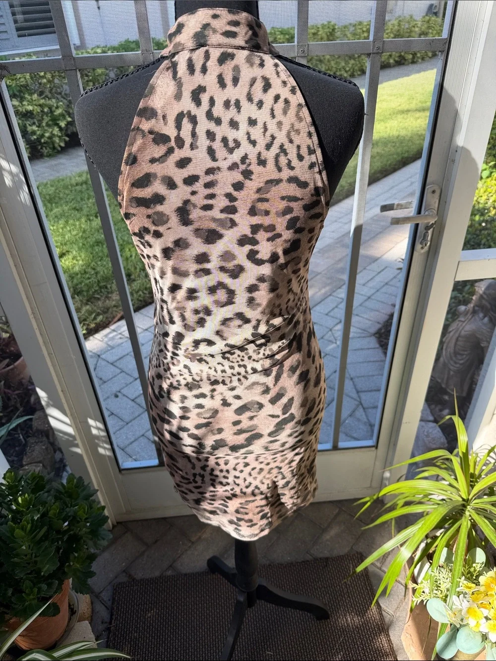 Leopard Print Halter Body Con Dress with Pink Floral Embroidery